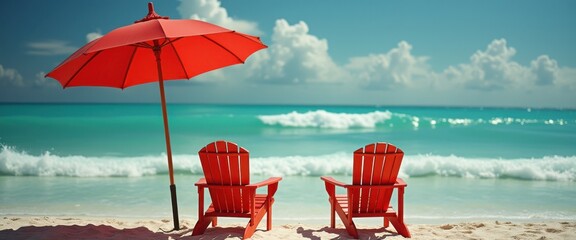 Two vibrant red Adirondack chairs sit on a white sand beach beneath a matching umbrella, facing turquoise ocean waves under a sunny sky.
