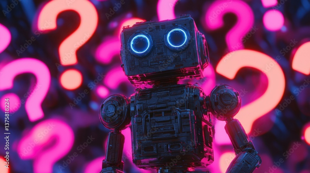 Poster a playful robot looking confused as holographic question marks swirl around.