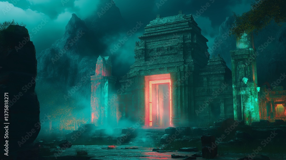 Poster an ancient temple merged with futuristic neon-lit elements. --ar 16:9 --style raw --v 6.1 job id: 3b