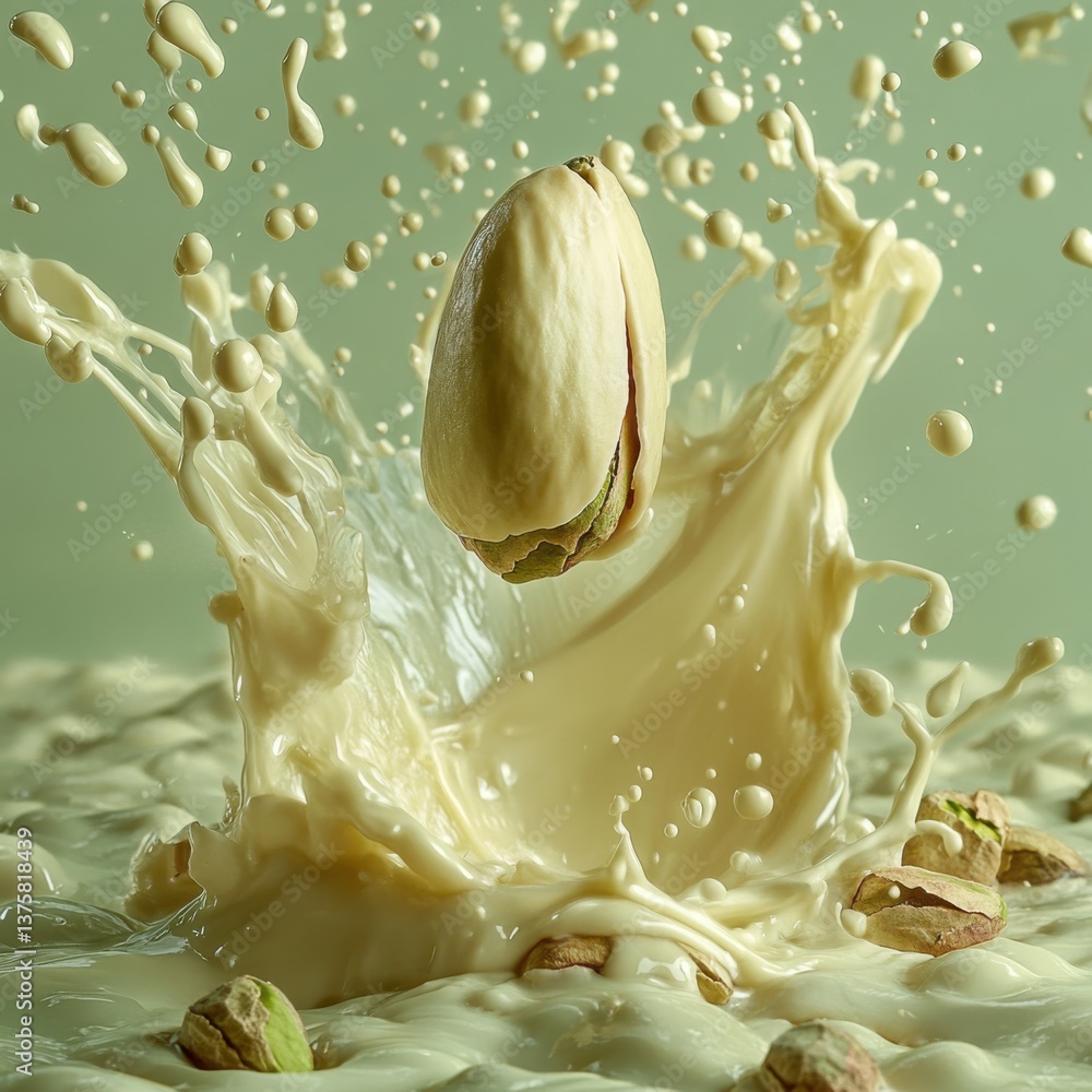 Aufkleber a pistachio nut splashes into creamy liquid, creating dynamic droplets against a soft green backgrou