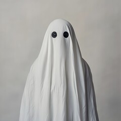 A person wearing an white sheet ghost costume with two small black eyes on the forehead