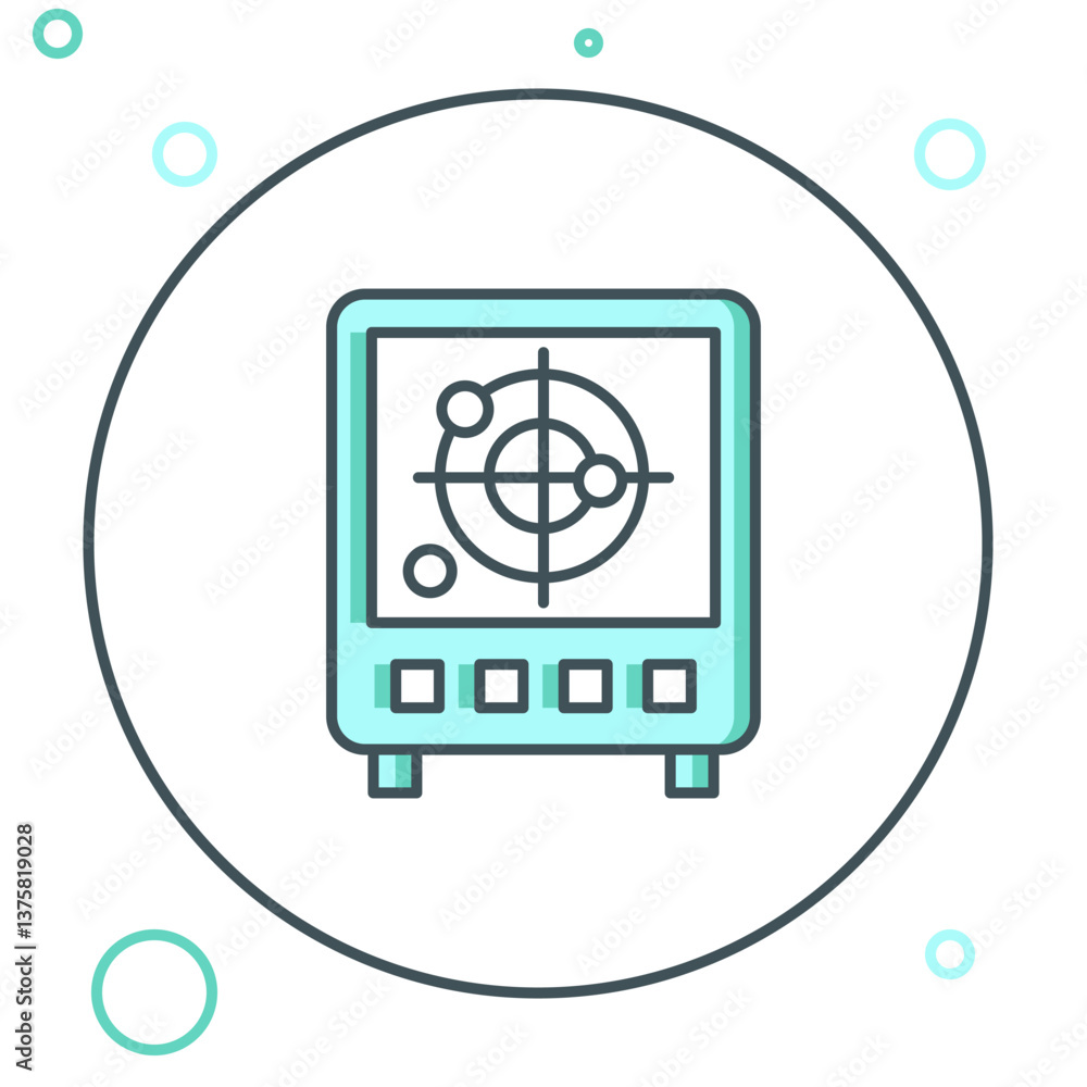 Poster line radar with targets on monitor in searching icon isolated on white background. search system. na
