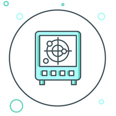 Line Radar with targets on monitor in searching icon isolated on white background. Search system. Navy sonar. Colorful outline concept. Vector