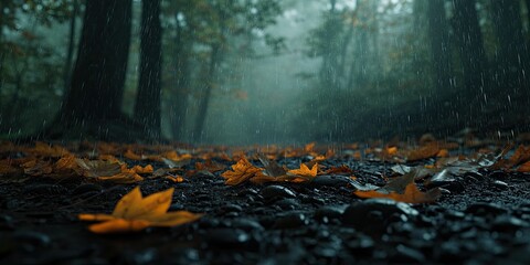 Obraz premium Autumn leaves falling on the forest floor, a beautiful autumn nature background 