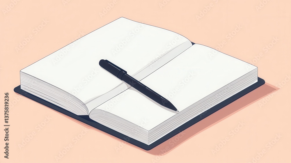 Poster a minimalist illustration of an open notebook with a pen resting on the pages, set against a soft, p