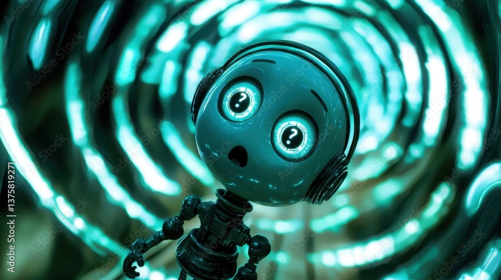 Poster a playful robot looking confused as holographic question marks swirl around.