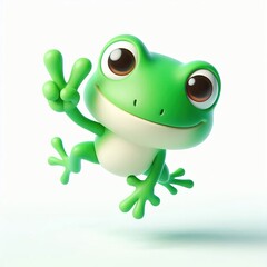 Obraz premium Animated character 3D image of happy green frog jump, cute design, white background