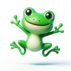 Obraz premium Animated character 3D image of happy green frog jump, cute design, white background