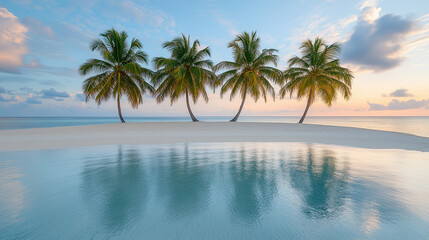 Fototapeta premium Palm trees on the beach. Tropical Paradise – Stunning Palm Trees and Sunset on a Dreamy Beach 