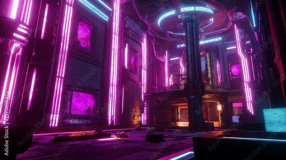 Poster an ancient temple merged with futuristic neon-lit elements.
