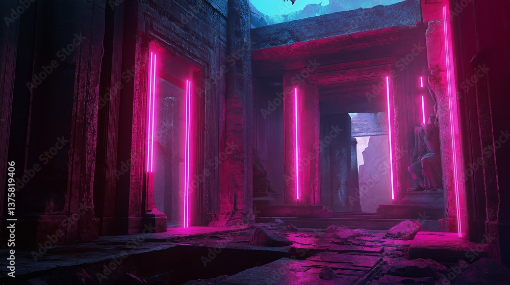 Poster an ancient temple merged with futuristic neon-lit elements.