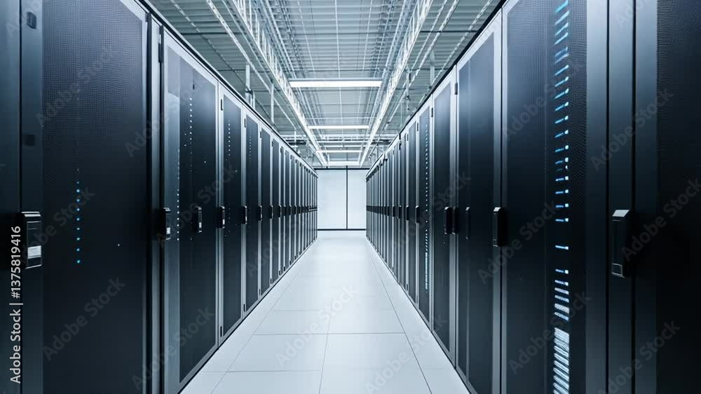 Poster server room data center corridor with rows of rack servers and technology equipment