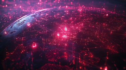 3D globe with interconnected security nodes and data flow.
