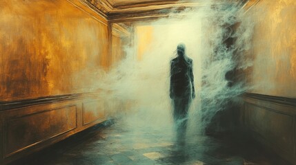 Gloomy figure walks through misty hallway, vintage interior