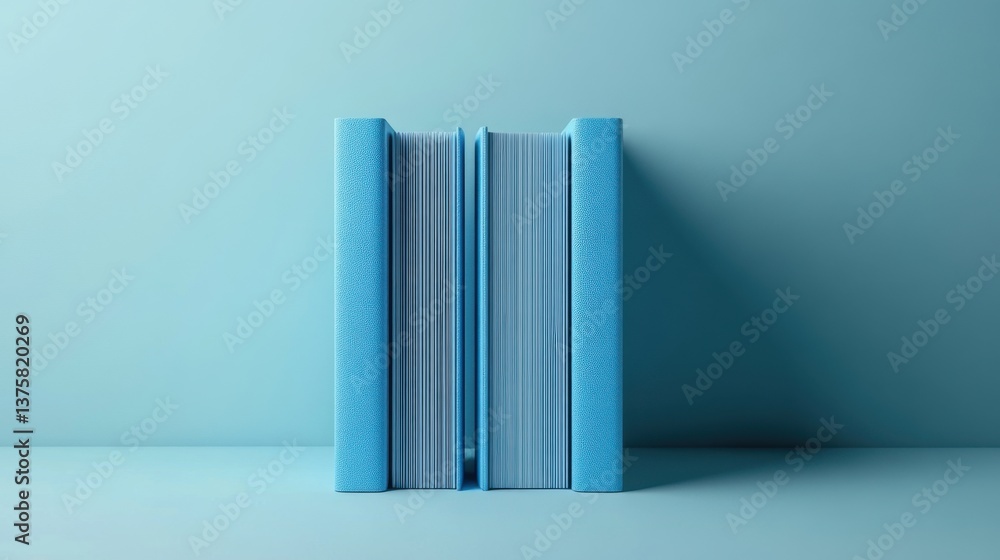 Poster a minimalistic arrangement of blue books against a matching background, emphasizing simplicity and c