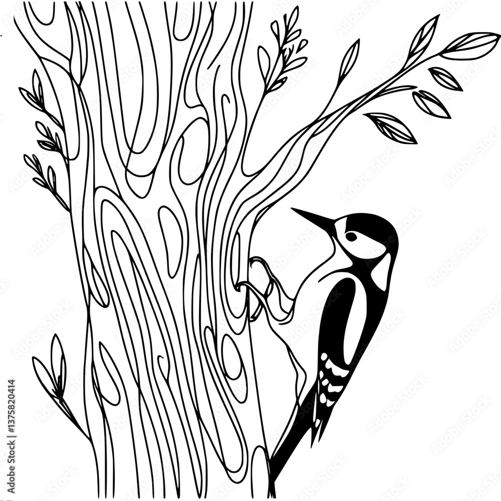 Poster woodpecker perched on tree trunk in intricate line art style , single line vector