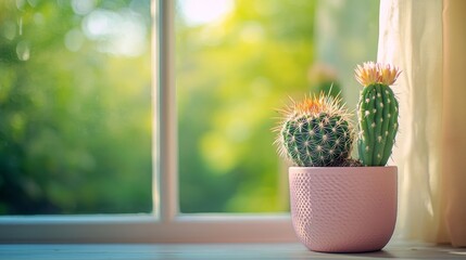 A pink pot containing a cactus is located on a window sill, accompanied by a nearby potted plant and oriented towards the window