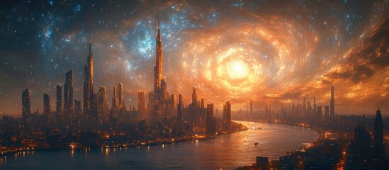 Futuristic city skyline, swirling nebula, celestial sunset