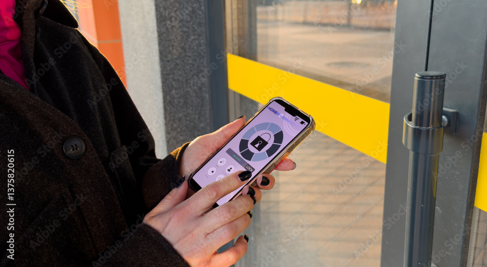 Poster woman locking smartlock on the entrance door using a smart phone. concept of using smart electronic 