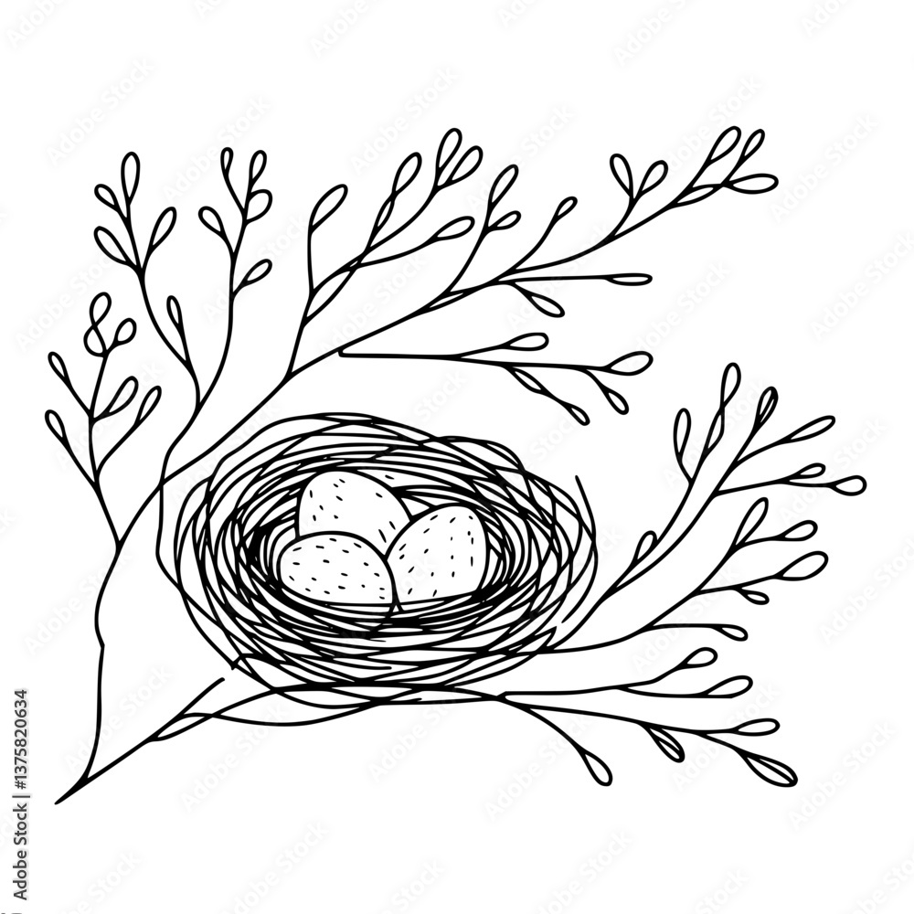 Poster nest with eggs in minimalist style on branches, single line vector