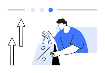 Person holding a shopping bag marked with a percentage, surrounded by three rising arrows. Ideal for retail, business growth, e-commerce, sales, discounts, customer behavior marketing success. Flat