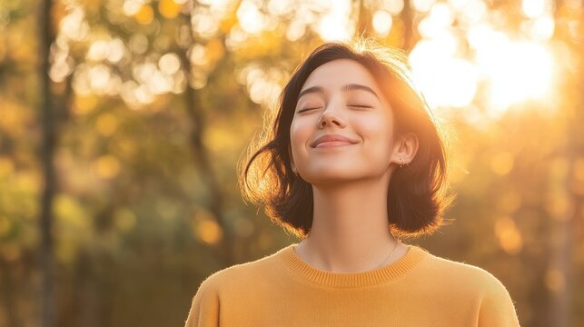 Golden Hour Serenity: A woman with her eyes closed, basking in the warm, ethereal glow of the setting sun amidst a backdrop of soft, out-of-focus trees, expressing pure joy and contentment.