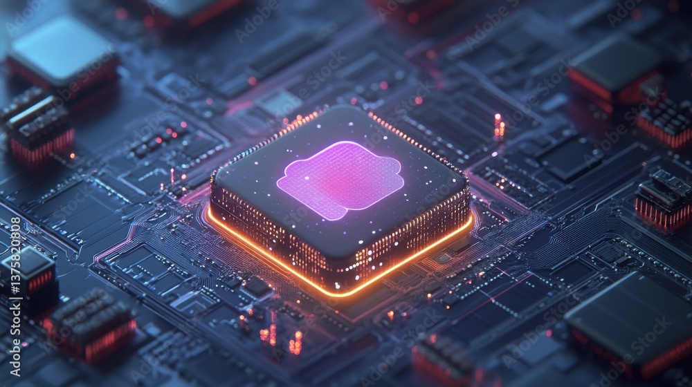 Poster a close-up of a computer chip on a circuit board, illuminated with vibrant colors, showcasing intric