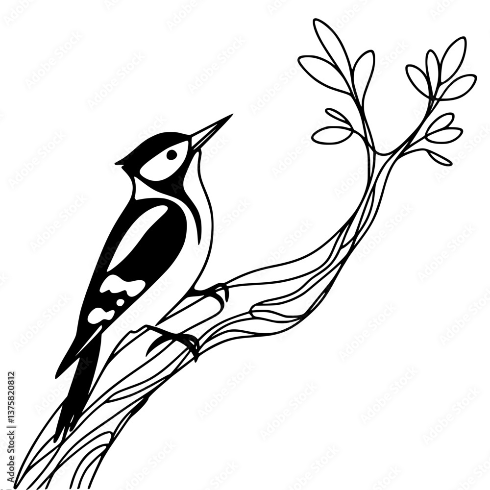Poster bird perched on branch with leaves in minimalist line art style , single line vector