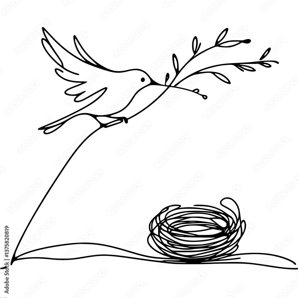 Poster bird building nest with branch against simple line art background , single line vector