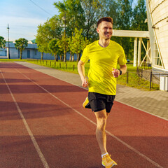Bright Morning Jog on a Peaceful Athletic Track Surrounded by Lush Greenery in a Tranquil Setting