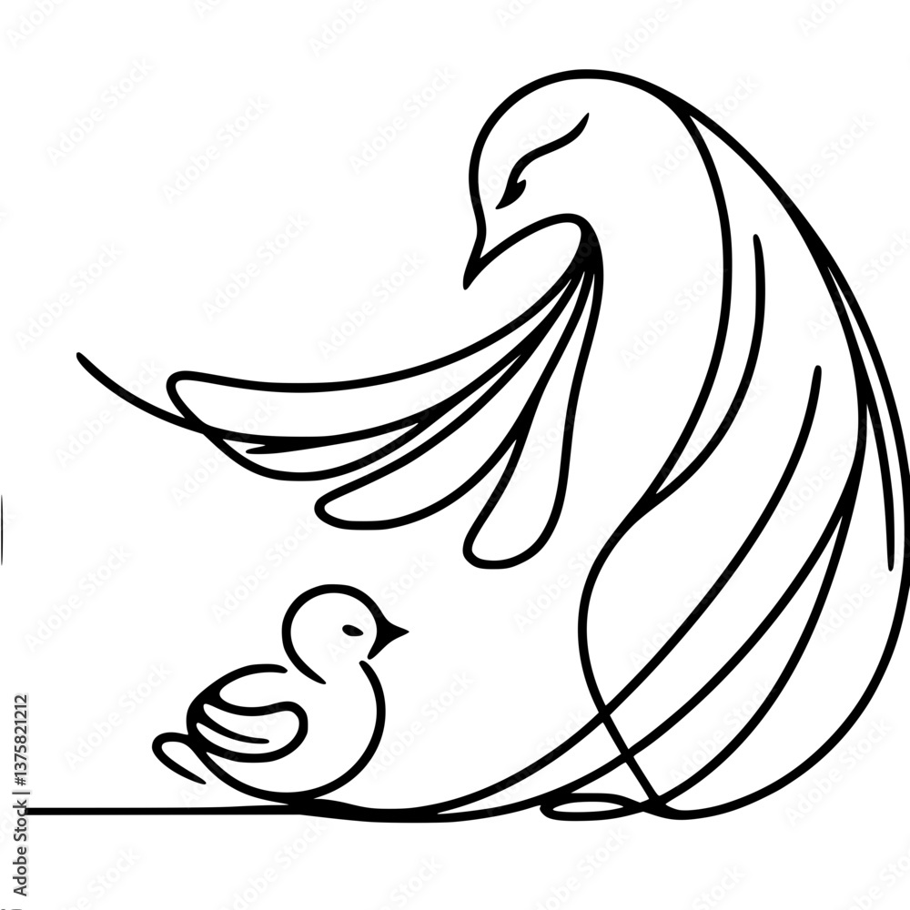 Poster elegant linear bird and chick design symbolizing nurturing , single line vector