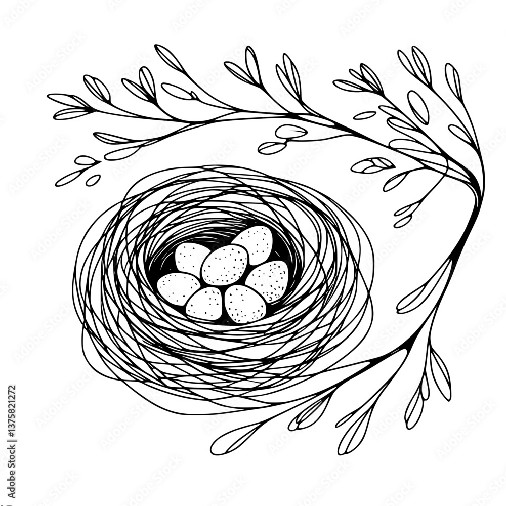 Poster bird's nest with eggs surrounded by branches in simple line art , single line vector