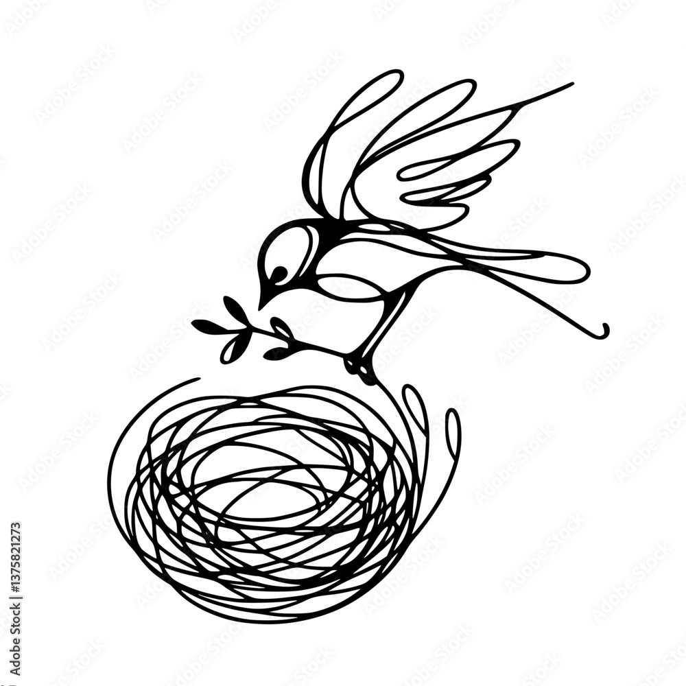Poster bird crafting a nest with a branch in a minimalist style, single line vector