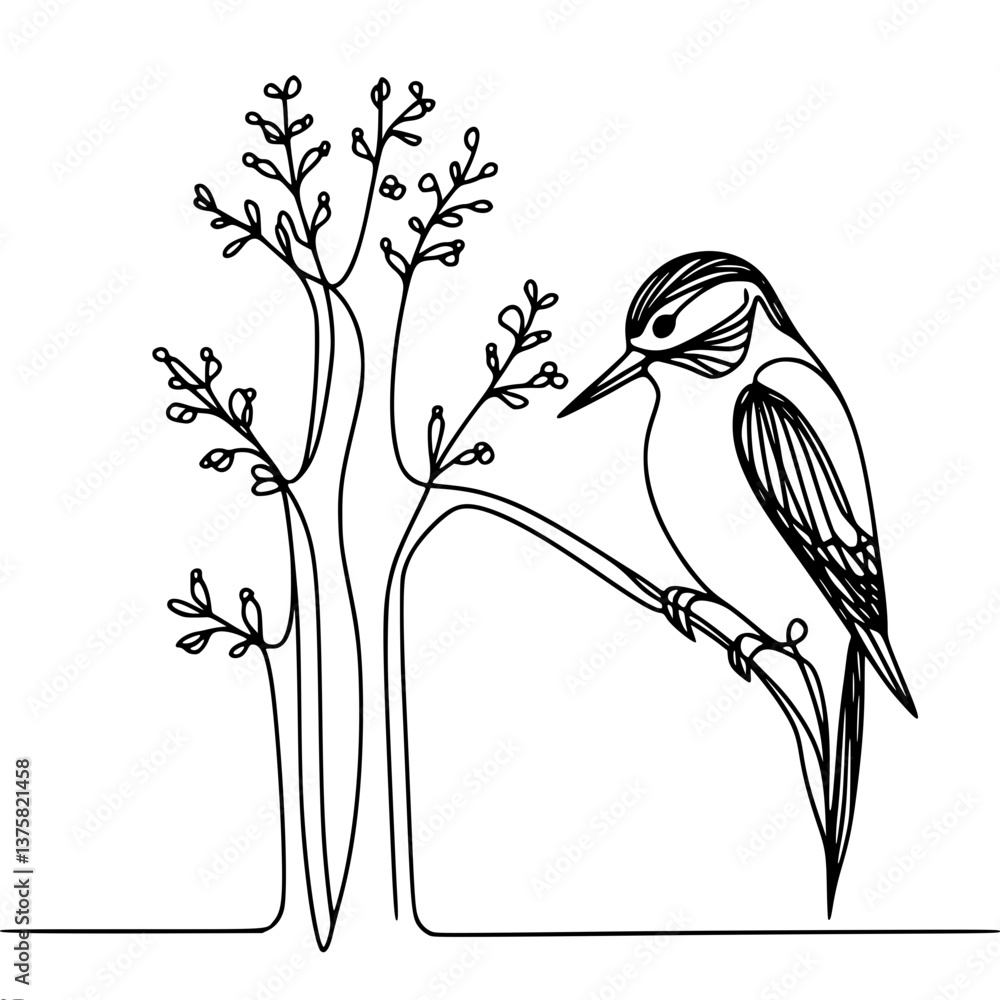 Poster single-line drawing of a bird perched on a branch with foliage
