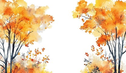 Watercolor autumn trees with a white background, a yellow color scheme