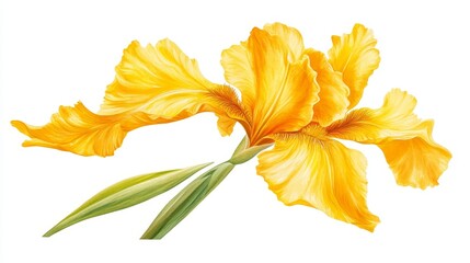 A detailed image of a yellow flower blossom standing out against a clean white backdrop with a noticeable green stem