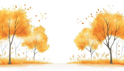 Watercolor autumn trees with a white background, a yellow color scheme
