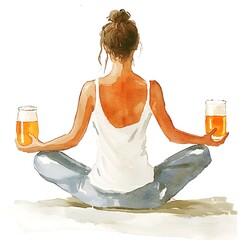 Serene Woman in Lotus Pose Meditating with Two Glasses of Beer. A watercolor painting showcasing mindfulness and relaxation.