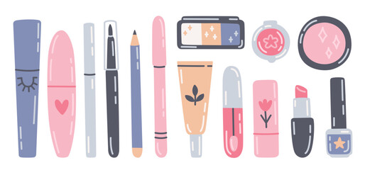 Set of different cosmetics. Face makeup tools illustrations in flat style. Cute cartoon mascaras, liners, lipsticks, lip gloss, shadows. Vector hand-drawn design elements on white background	