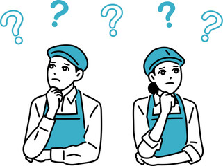 カフェ・飲食店　頭にハテナを浮かべるエプロン姿の店員