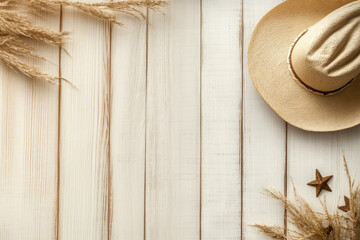 Rustic wooden background with dried flowers and a straw cowboy hat in soft neutral tones.