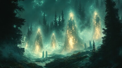 Fototapeta premium Mystical glowing structures in a dark forest at night