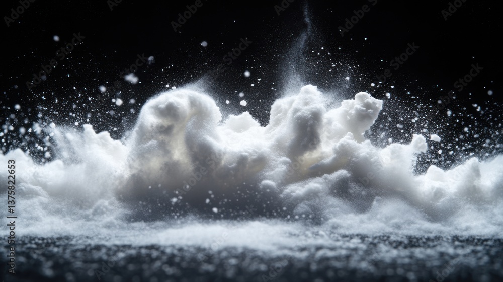 Poster a dramatic explosion of flour creating a cloud-like effect against a dark background, showcasing tex