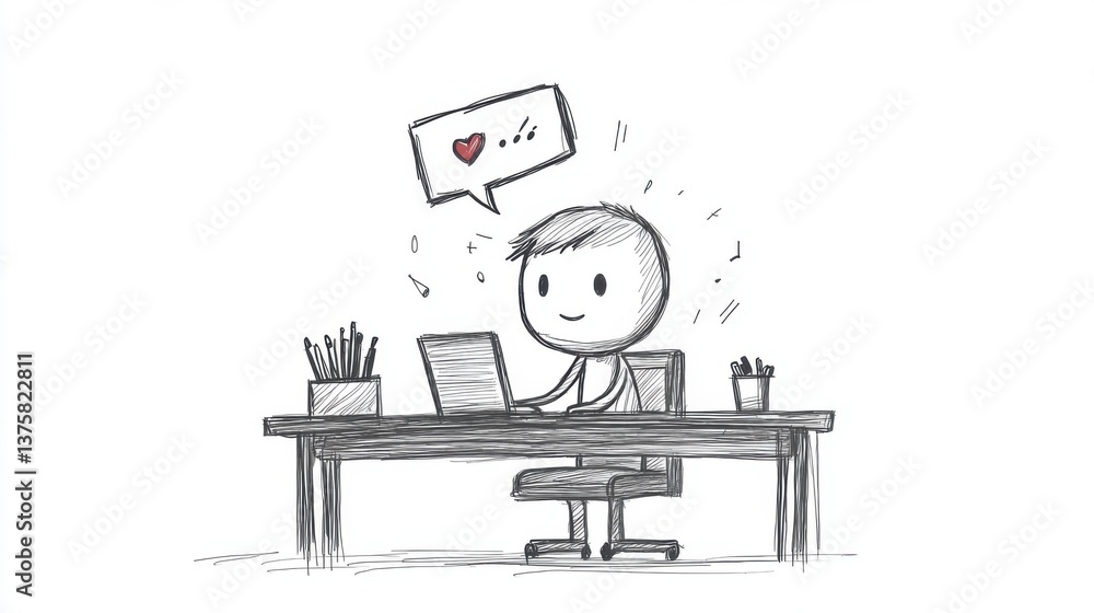 Poster a cheerful character sits at a desk, engaging with a laptop and expressing joy through a heart symbo