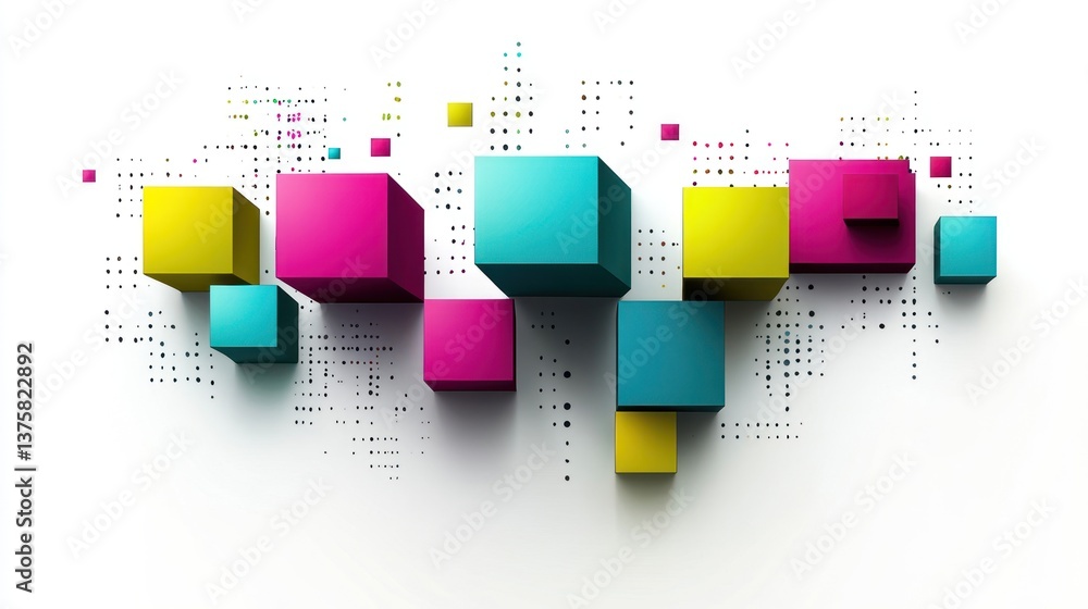 Poster abstract geometric arrangement displaying colorful cubes with minimalist dots creating dynamic compo
