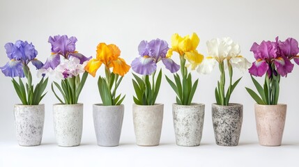 A row of vases filled with flowers is placed in front of one white wall, while a second white wall is located behind the vases