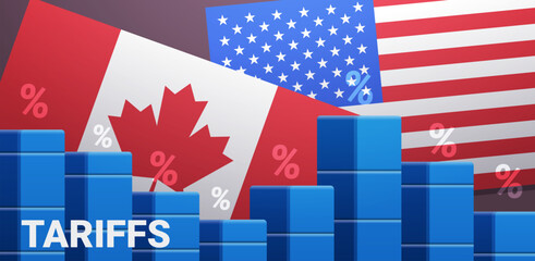Tariffs trade war Canada USA flags economic impact bar graph percent symbols blue red background