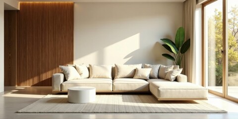Obraz premium Serene Minimalist Living Room Design with Beige Sectional Sofa and Natural Wood Accents