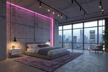 A modern loft-style bedroom featuring exposed concrete, soft neon lighting, and a minimalist design. Ideal for architecture and interior concept visuals