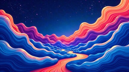 Abstract Swirling Landscape with a Winding River Path Under a Starry Night Sky